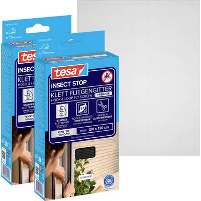 Zwei Tesa Insect Stop Klettverschluss-Fliegengitter-Pakete, auf denen ein Fenster-Insektenschutzprodukt mit der Aufschrift „max. 130 x 130 cm" auf der Verpackung zu sehen ist.