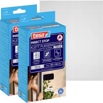 Zwei tesa Insect Stop Fliegengitter-Paketboxen, blau und weiß, mit der Bezeichnung "Hook & Loop Fly Screen" für Fenster, auf weißem Hintergrund gezeigt.