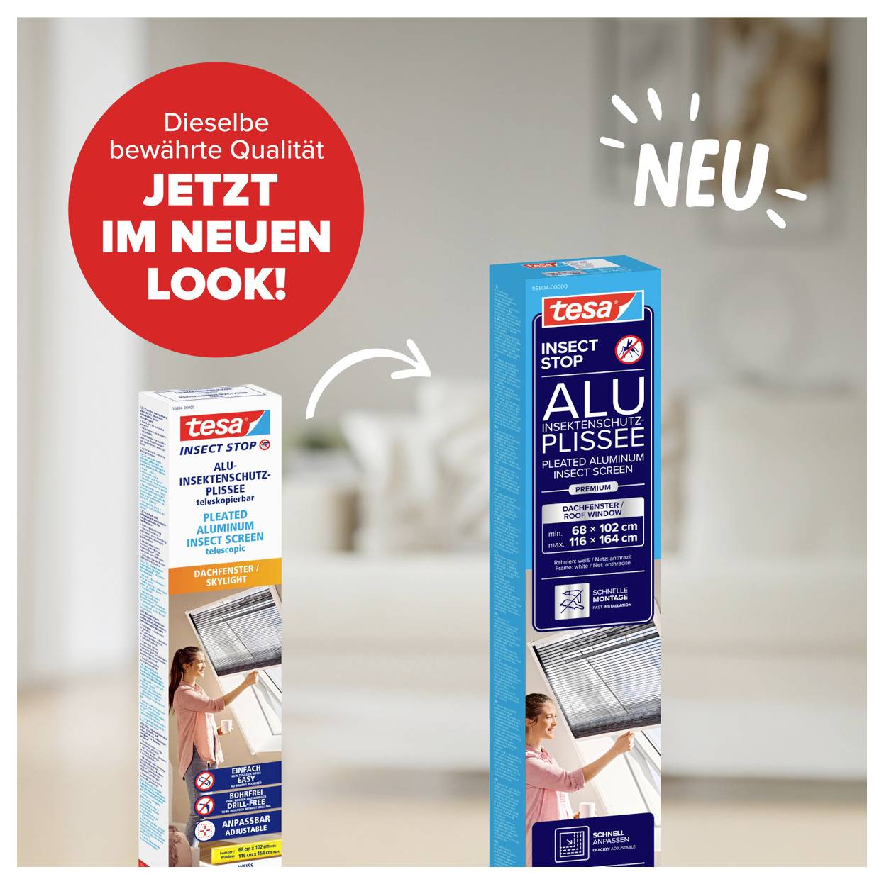 Anzeige für tesa Insect Stop Aluminium-Insektenschutz, zeigt alte weiße Verpackung, die sich in ein neues blaues Design mit dem Text „NEU" und „Jetzt im neuen Look!" verwandelt.