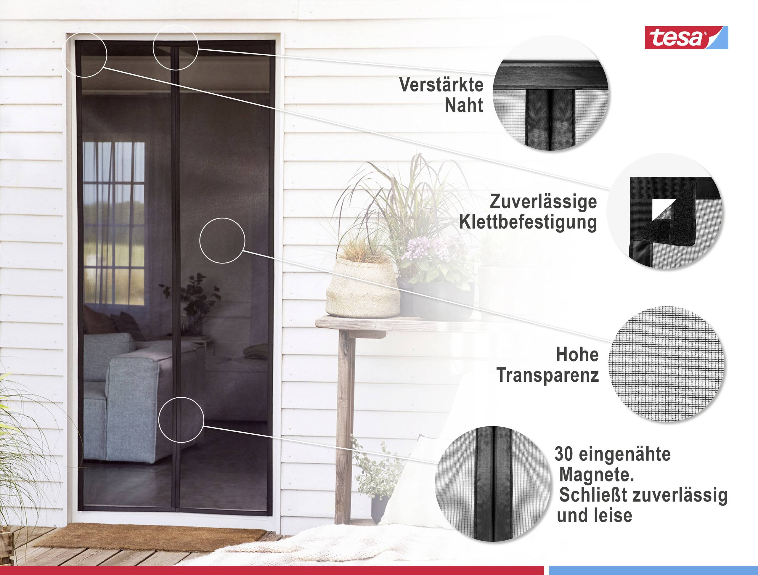 Fliegengitter an einer Tür mit Details zur Qualität: verstärkte Naht, zuverlässige Klettbefestigung, hohe Transparenz, 30 eingearbeitete Magnete für leises Schließen.