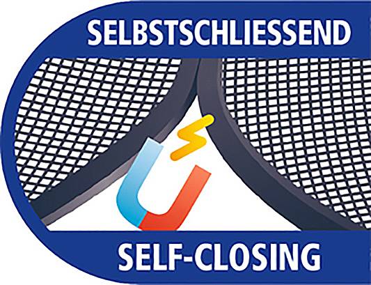 Ein Symbol zeigt zwei sich schließende Gitter mit einem Magneten dazwischen. Text: 'Selbstschließend'.