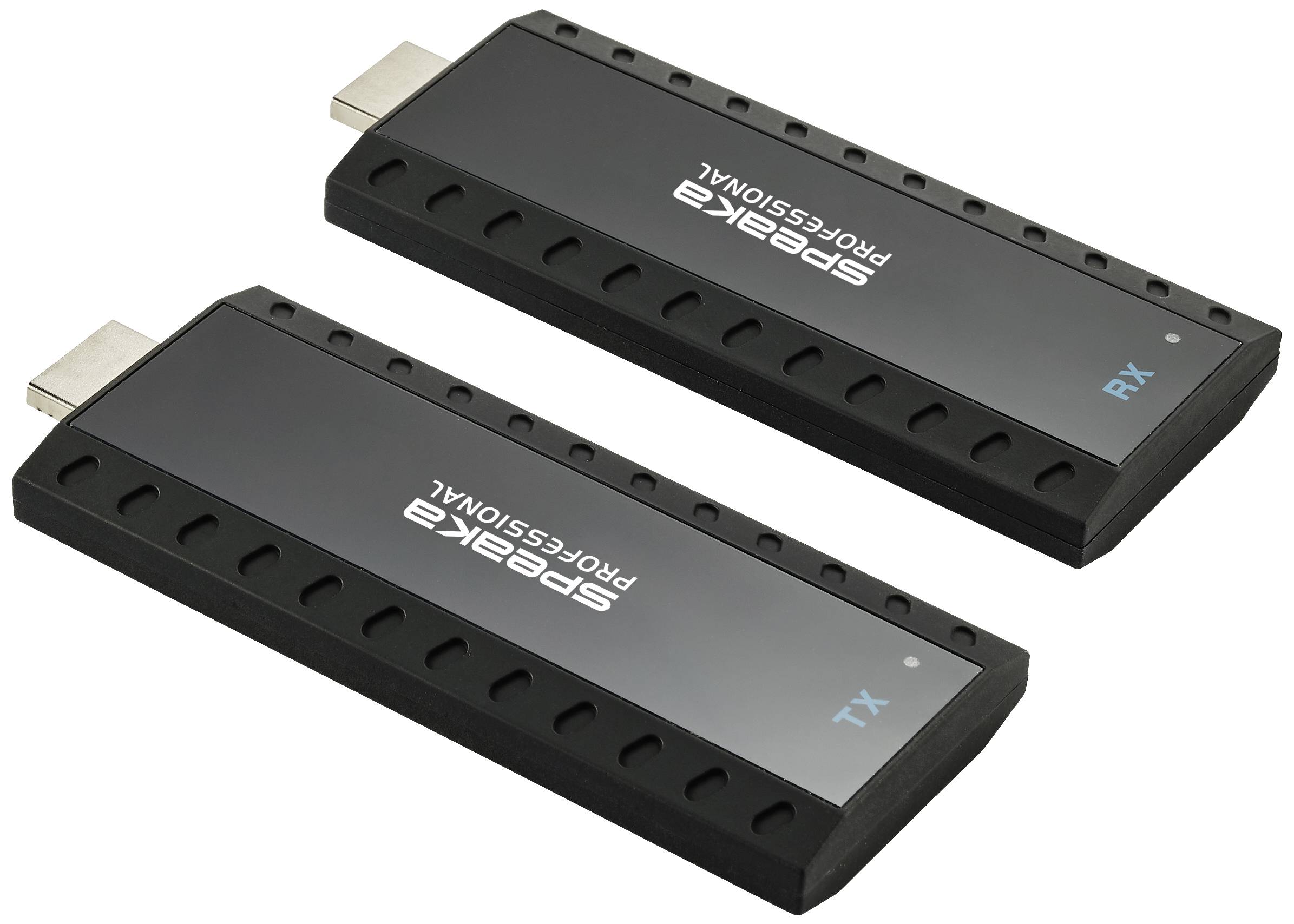 Zwei schwarze, rechteckige HDMI-Dongles der Marke 'SPEAKA Professional', gekennzeichnet mit 'RX' und 'TX' auf einer weißen Oberfläche.