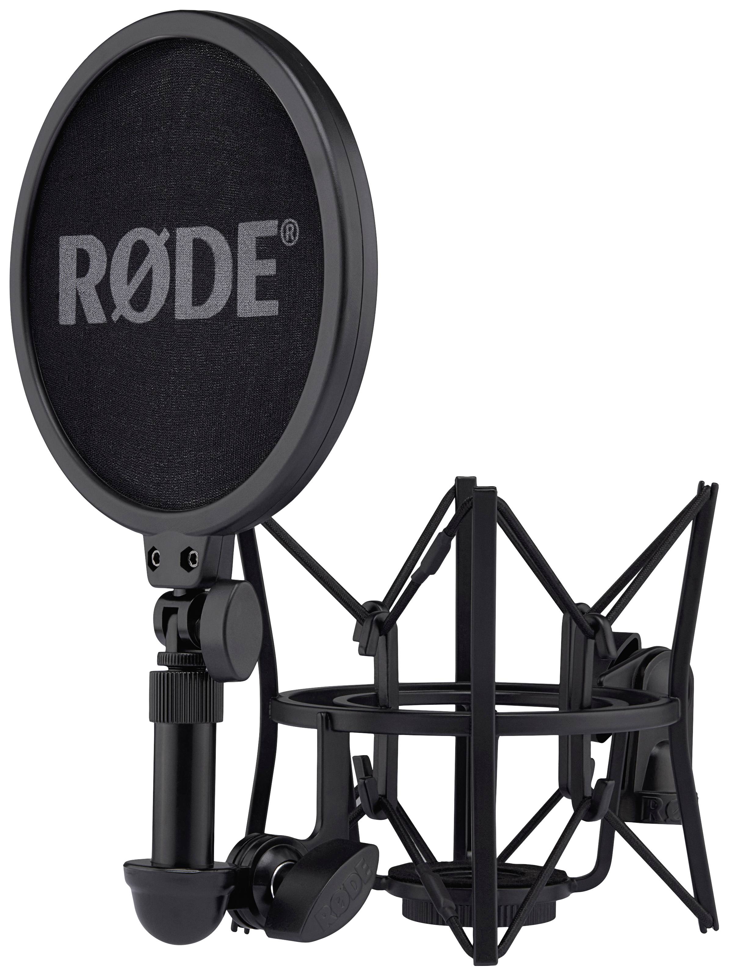 Ein Rode-Popschutz und eine Mikrofonspinne. Beide sind zur Dämpfung unerwünschter Geräusche und Stöße bei Tonaufnahmen konzipiert.