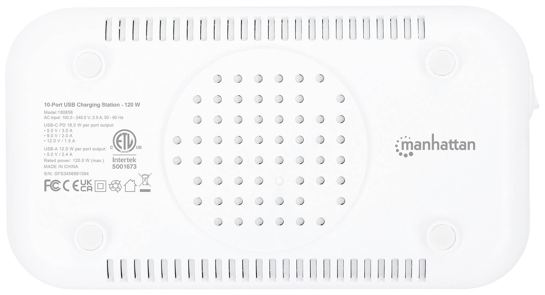 Rückseite einer weißen 10-Port USB-Ladestation mit Lüftungsschlitzen, Markenzeichen und technischen Daten aufgedruckt.