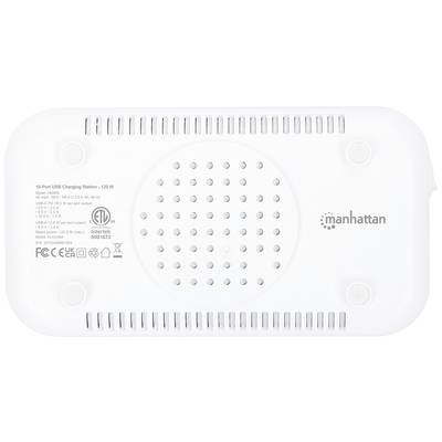 Rückseite einer weißen 10-Port USB-Ladestation mit Lüftungsschlitzen, Markenzeichen und technischen Daten aufgedruckt.