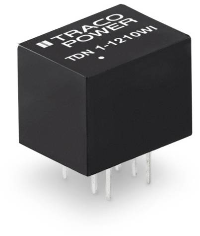 Schwarzer Traco Power-Wandler mit Aufschrift 'TDN 1-1210WI', zeigt sechs Metallstifte an der Unterseite für elektronische Verbindungen.