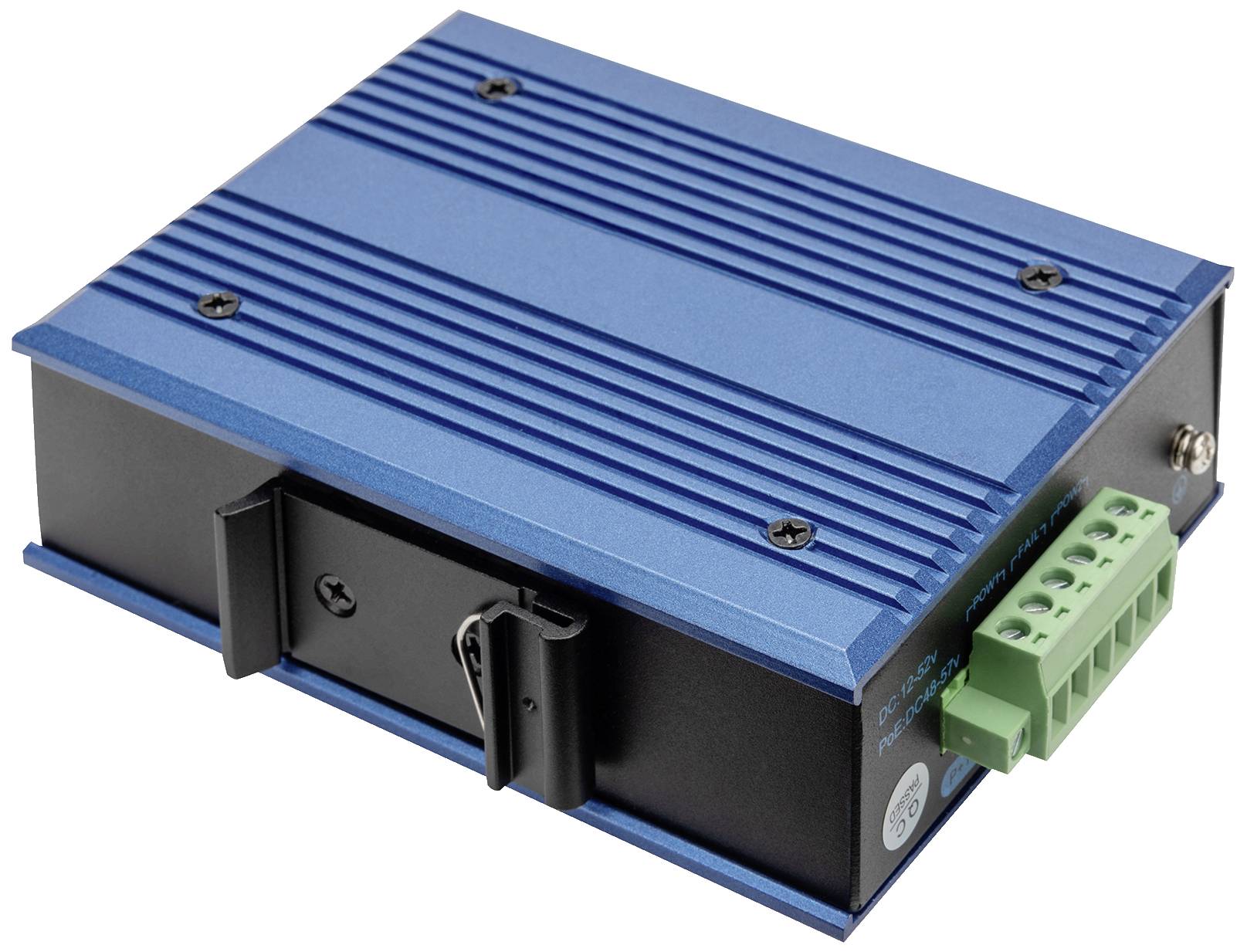 Ein blaues, rechteckiges elektronisches Gerät mit grünem Anschlussblock an der Seite.