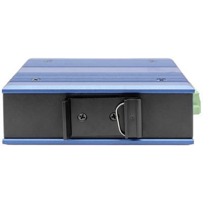 Blaues, rechteckiges Elektronikgerät mit schwarzer Frontplatte und Metallschrauben.