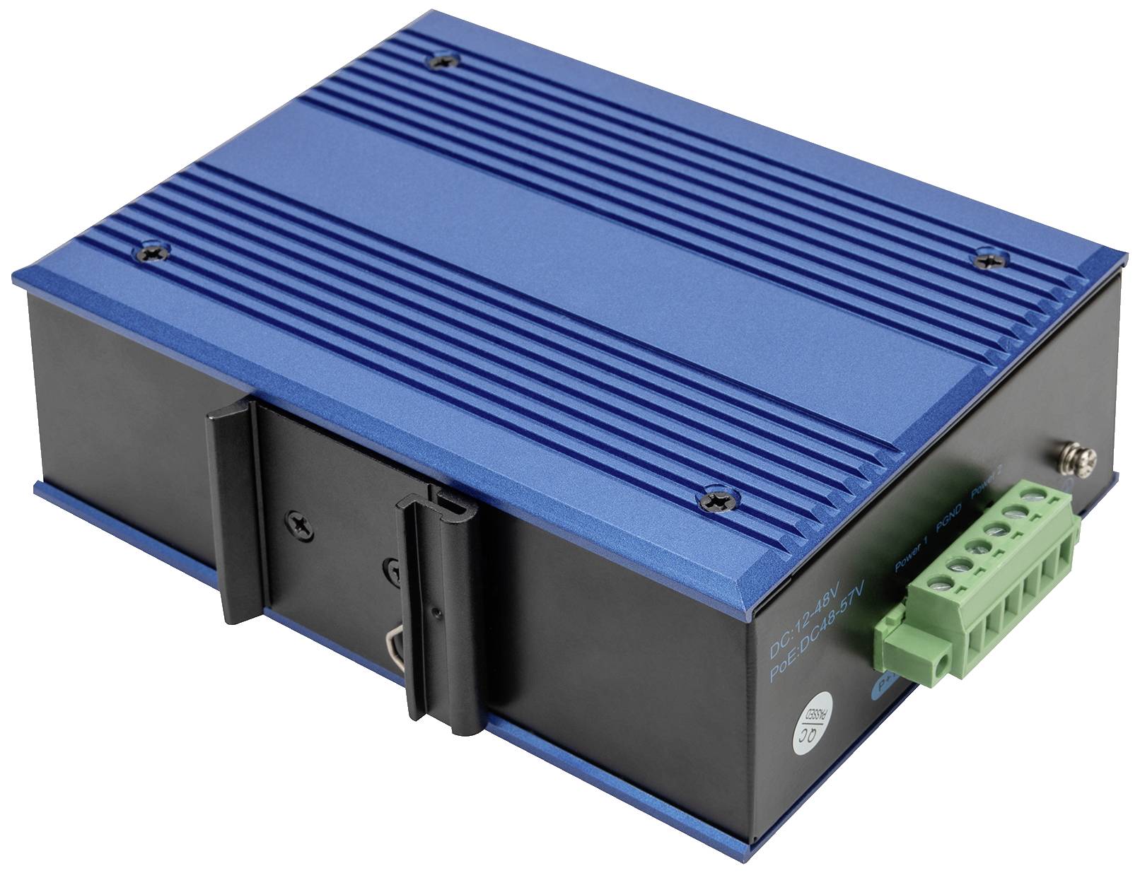 Ein blaues, rechteckiges elektronisches Gerät mit Kühlrippen und einem grünen Steckverbindung auf der Seite zur Stromversorgung.