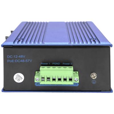 Elektronisches Gerät in einem blauen Metallgehäuse mit grünen Anschlüssen auf der Vorderseite für Power und PGND; Spannungsbereich: DC: 12-48V.