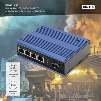 Blauer, industrieller PoE-Switch mit vier Ports vor einem industriellen Hintergrund, Temperaturbereich -40° bis 80°C, Schutzklasse IP40.