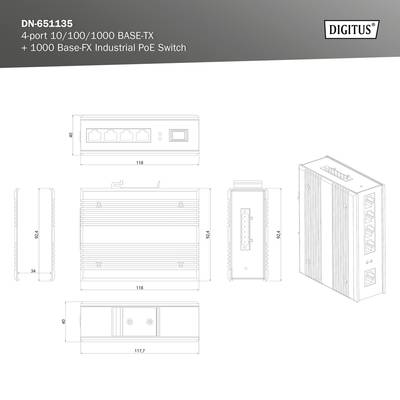 'DN-651135 4-port 10/100/1000 BASE-TX + 1000 Base-FX Industrial PoE Switch' mit technischen Zeichnungen und Maßen des Geräts.