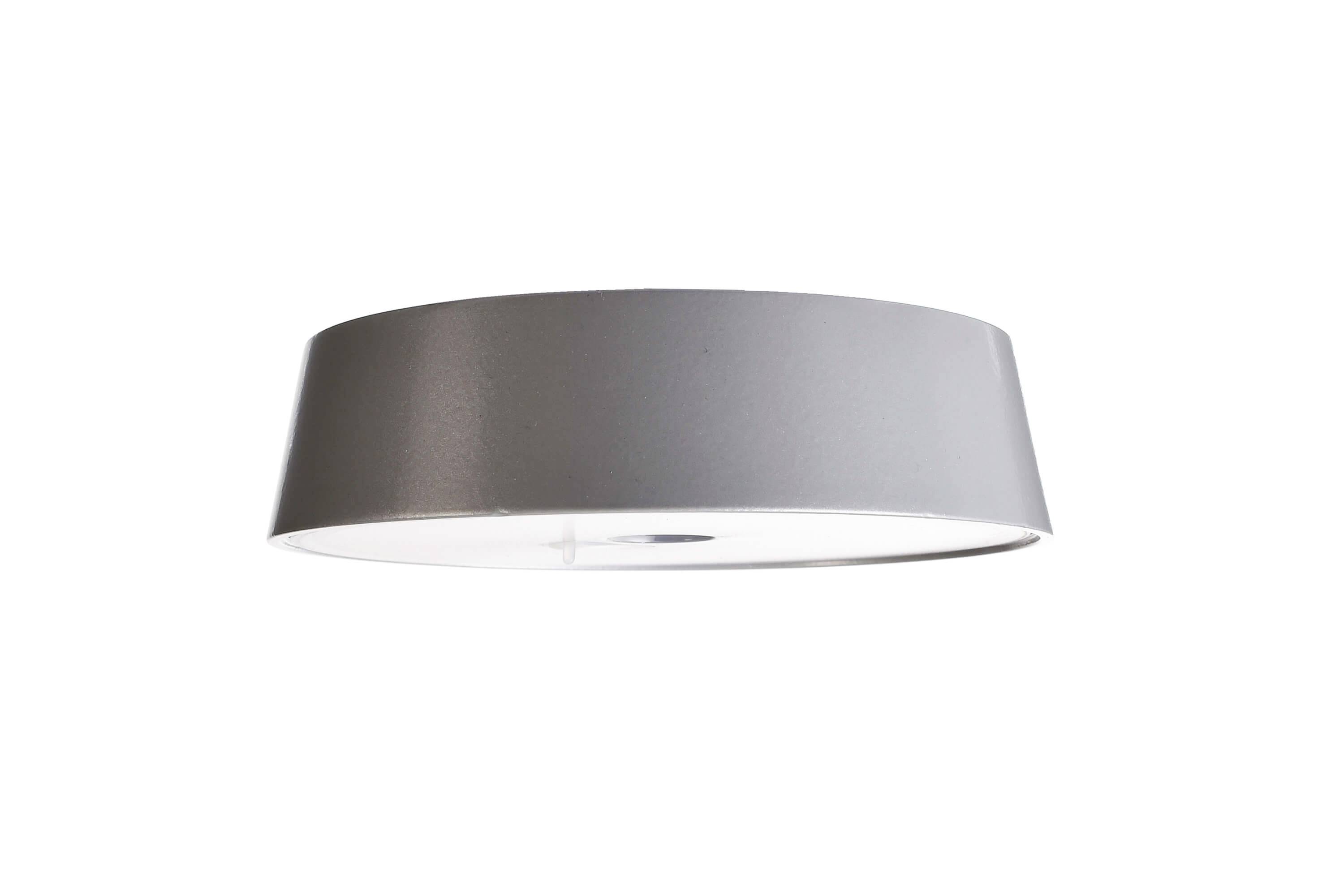 Graue Deckenleuchte in ovaler Form, die für moderne Innenräume geeignet ist. Sie strahlt diffuses, gleichmäßiges Licht aus.