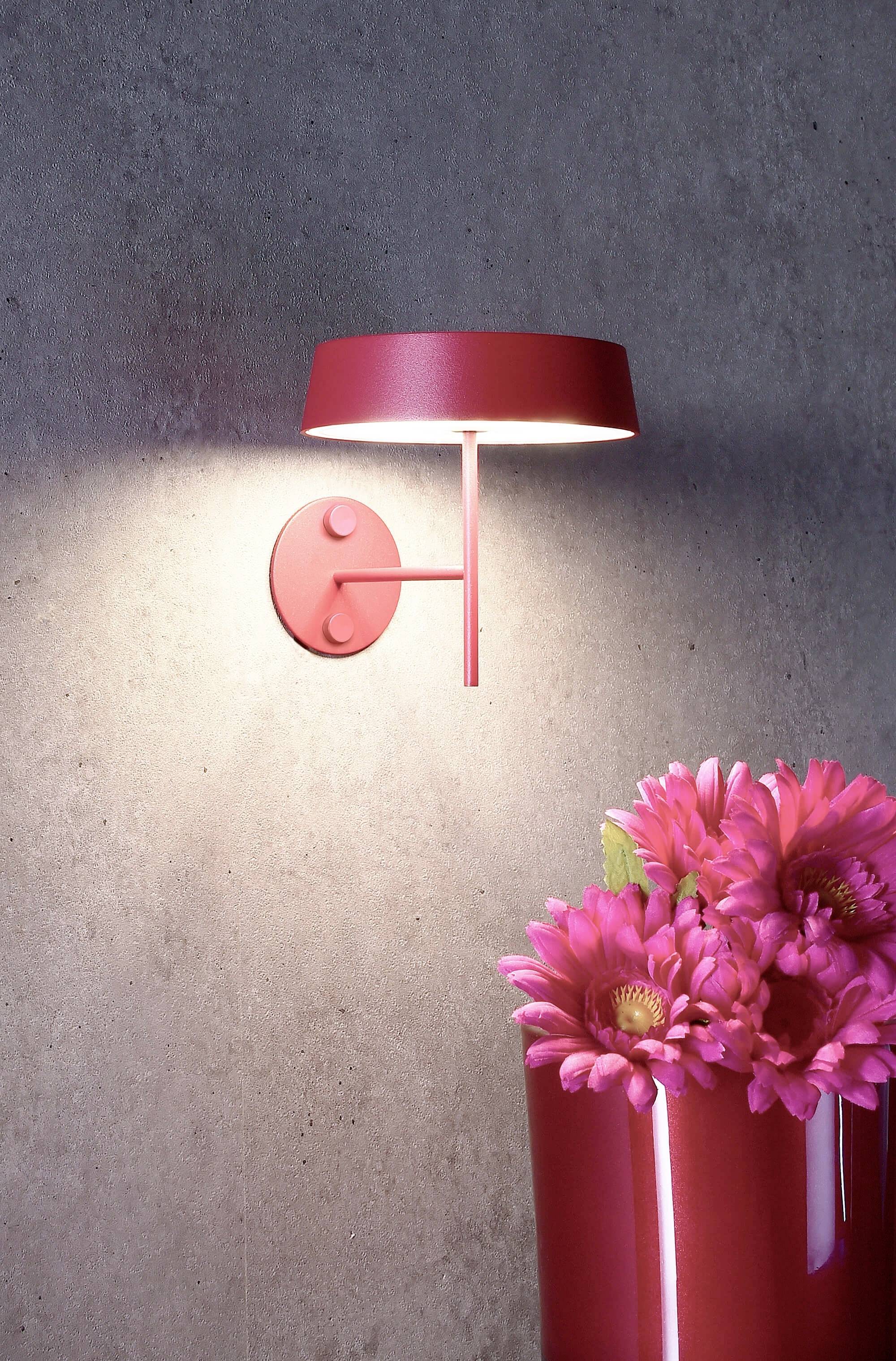 Eine rote Wandleuchte leuchtet auf einen grauen Hintergrund. Darunter steht eine Vase mit pinken Blumen.