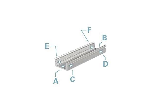 'Aluminiumprofil mit sechs markierten Punkten: A, B, C, D, E, F. Profilschienen mit Nut- und Schrauböffnungen. Technisches Bauteil.'