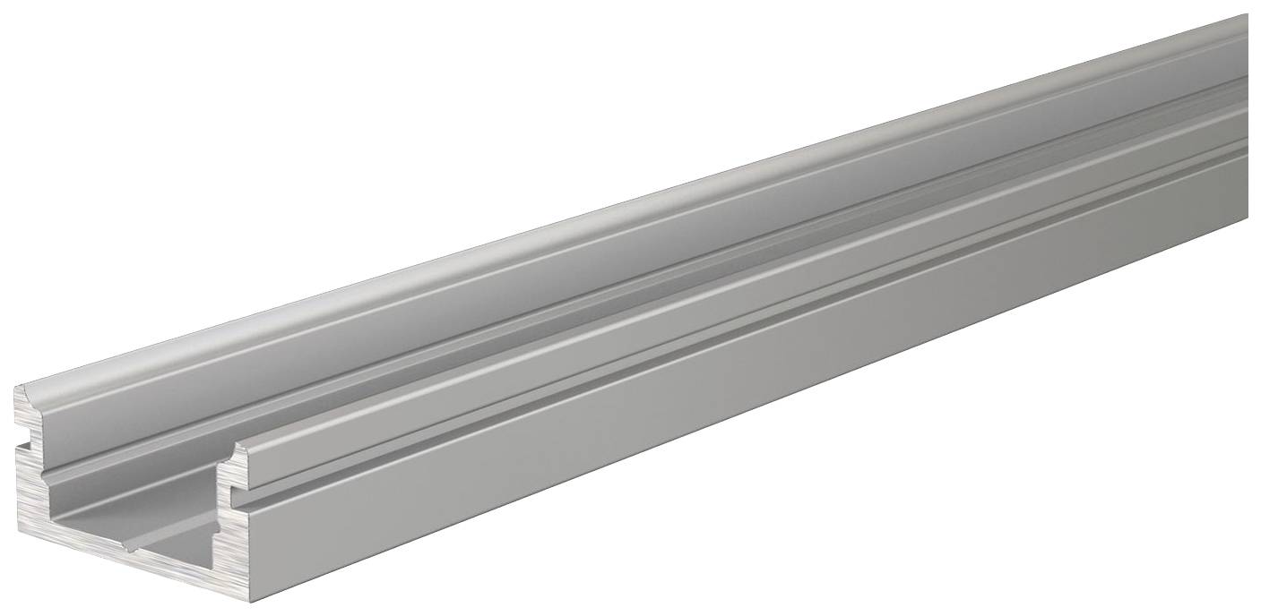 Ein silbernes Aluminiumprofil mit U-förmigem Querschnitt, auf weißem Hintergrund.