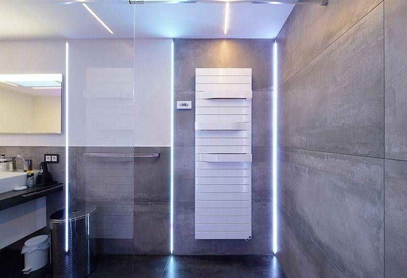 Modernes Badezimmer mit grauen Fliesen, Glasdusche und vertikalem, weißem Handtuchheizkörper. Beleuchtungselemente an den Wänden.