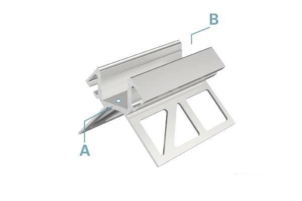 Metallischer Halterahmen mit beschrifteten Punkten 'A' und 'B', zeigt eine Befestigungsstruktur oder ein technische Komponente.