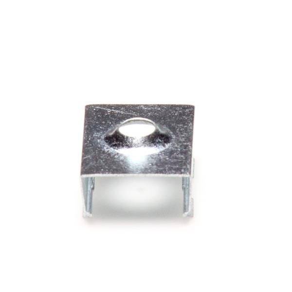 Metallbeinhalterung in quadratischer Form mit Befestigungsscheibe, dient zur Stabilisierung von Möbelbeinen oder ähnlichen Strukturen.