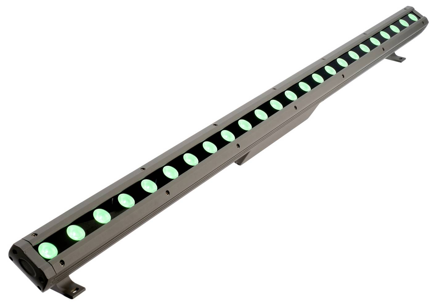 Lange, lineare LED-Lichtleiste mit mehreren grün beleuchteten Linsen in einem dunklen Gehäuse, auf weißem Hintergrund dargestellt.