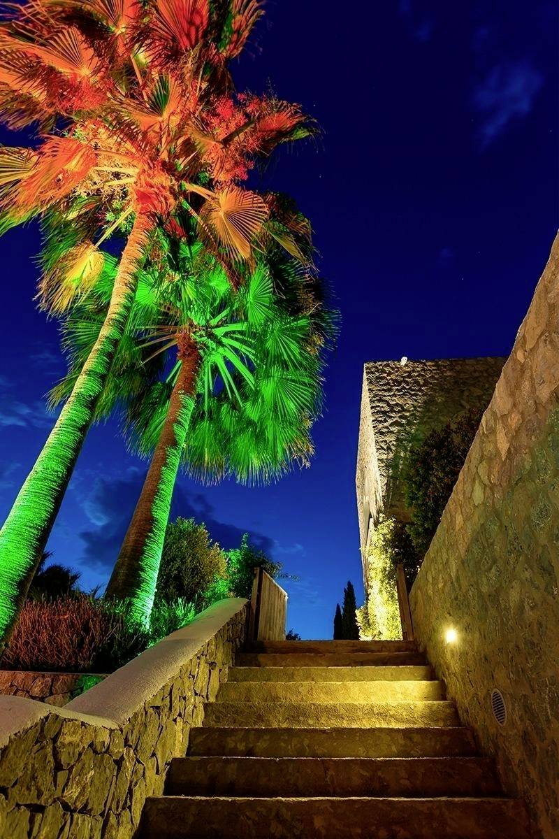 Beleuchtete Palmen in Rot und Grün vor einem Steinbau bei Nacht; eine Treppe führt zum Haus.