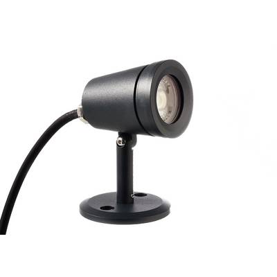 Schwarze Außenlampe mit rundem Gehäuse und Ständer, an Kabel angeschlossen. Geeignet für gezielte Außenbeleuchtung.