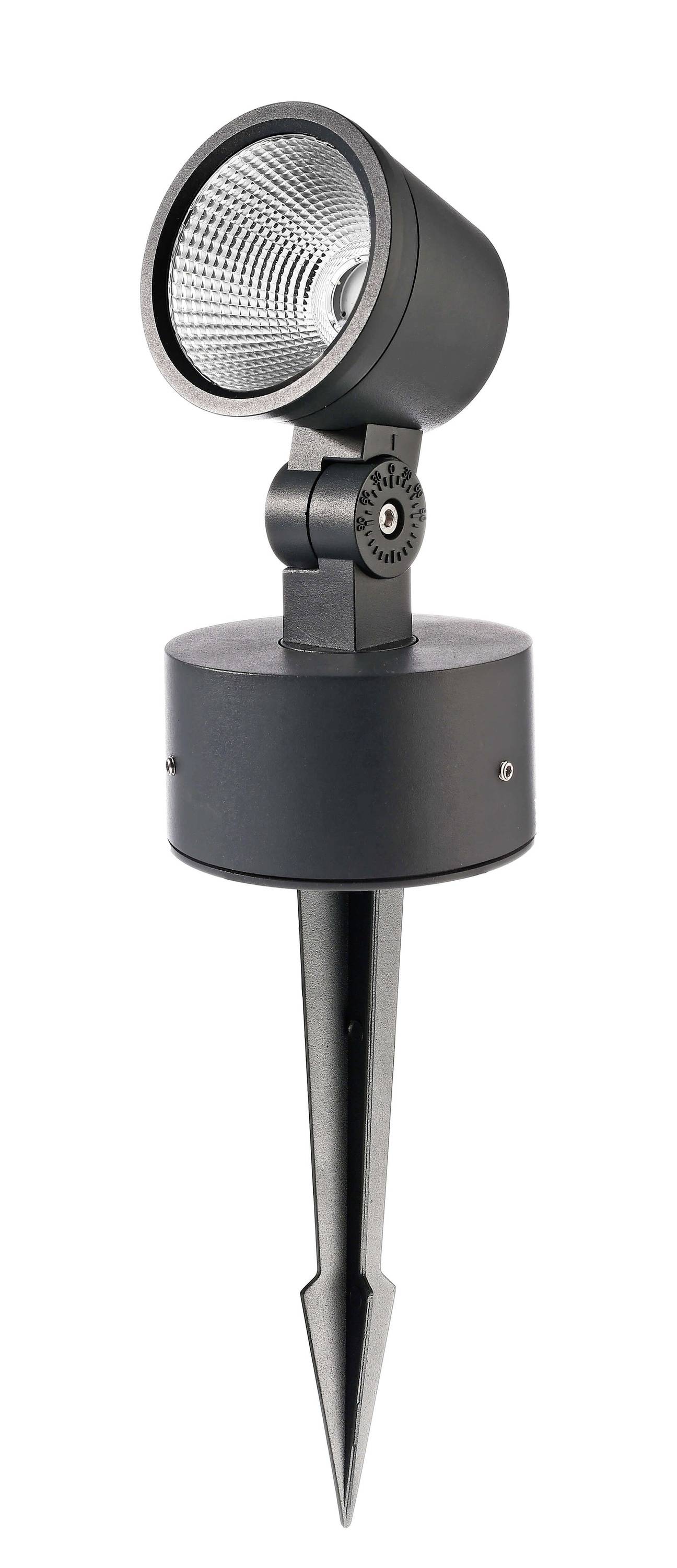 Ein schwarzer, verstellbarer LED-Gartenstrahler mit Erdspieß zur Beleuchtung von Außenbereichen.
