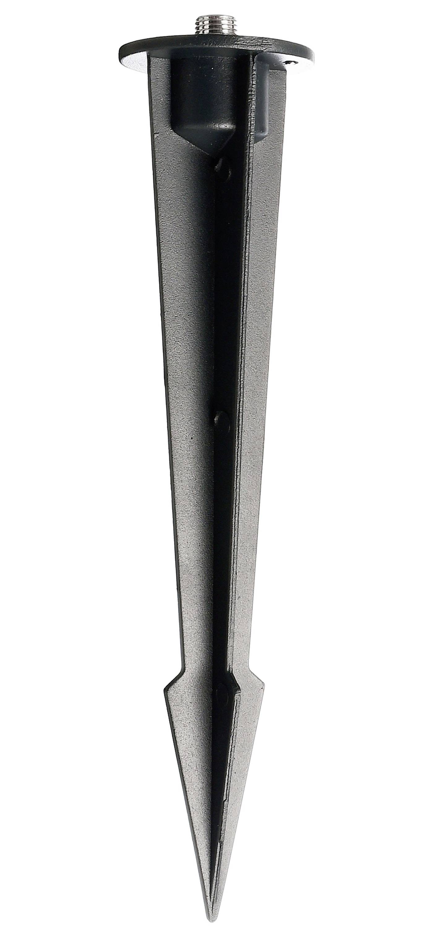 Schwarzer Erdspieß mit Gewinde, geeignet für die Befestigung von Beleuchtung in weichen Böden.