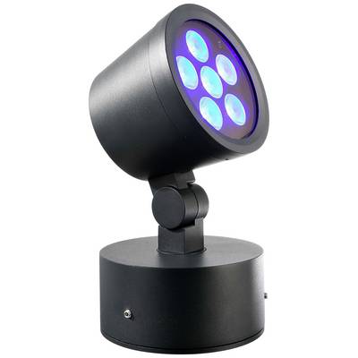 Eine schwarze LED-Leuchte mit sechs blauen Lichtern, montiert auf einem runden Sockel, geeignet für Bühnen- oder Außenbeleuchtung.