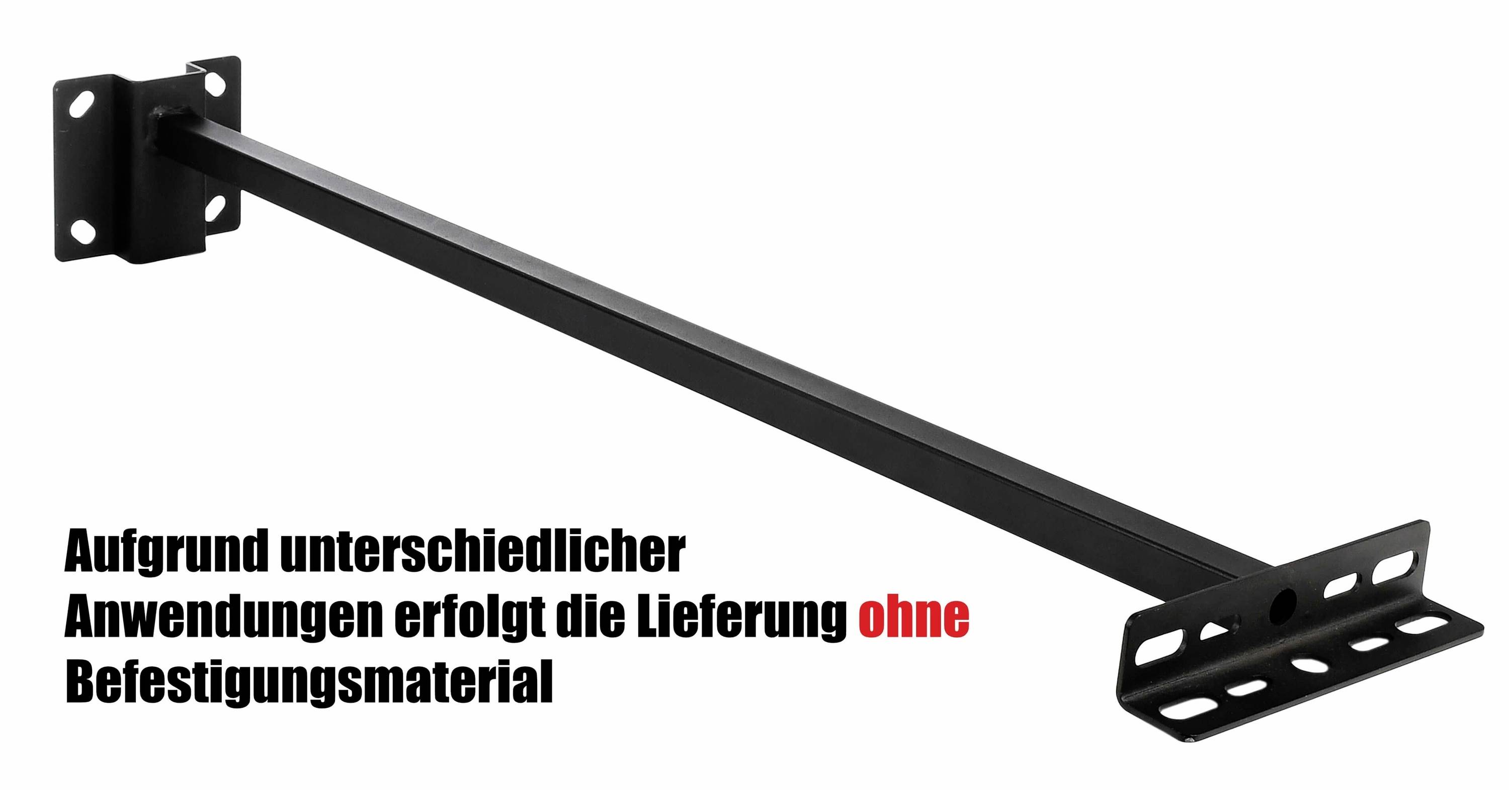 Ein schwarzer Metallstabilisator für Regalsysteme vor weißem Hintergrund. Text: 'Lieferung ohne Befestigungsmaterial'.