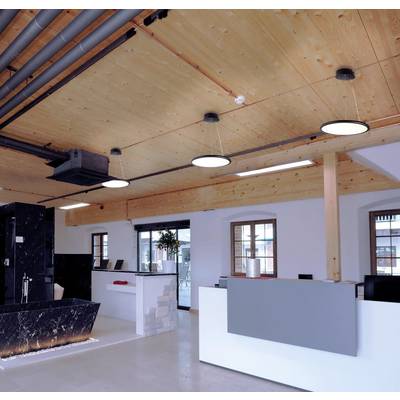 Ein modernes Büro mit Holzbalkendecke, hellen Wänden und einer Empfangstheke. Die Beleuchtung ist in die Decke integriert.
