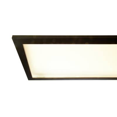Rechteckige LED-Deckenleuchte mit schwarzem Rahmen, strahlt helles, weißes Licht aus, ohne sichtbare Details der Umgebung.
