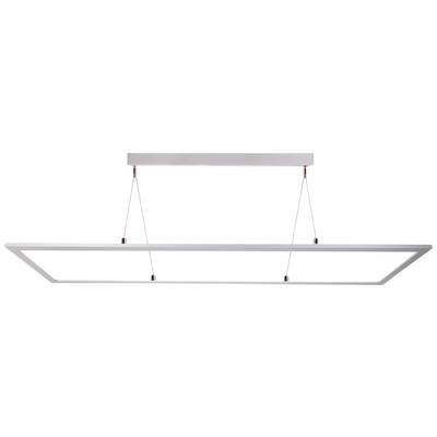 Moderne, rechteckige Pendelleuchte mit minimalistischen Design, hängend an dünnen Kabeln von einer Deckenhalterung.