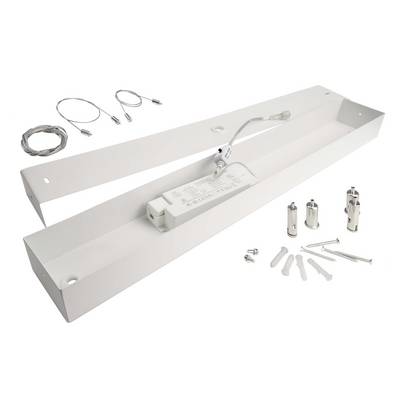 LED-Leuchten-Kit mit rechteckigem Rahmen, Drahtseilen, Halterungen und Schrauben. Enthält Montagezubehör und Treiber.