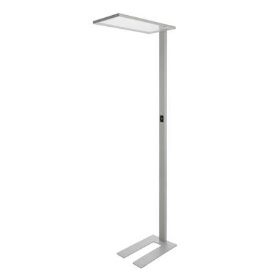Stehlampe mit rechteckigem Lampenschirm und rechteckigem Standfuß, silberfarbenes Gestell. Ideal für modernes Büro.