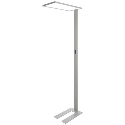 Silberne Stehlampe mit rechteckigem, flachem Lampenschirm und stabilem, rechteckigem Standfuß. Minimalistisches Design.