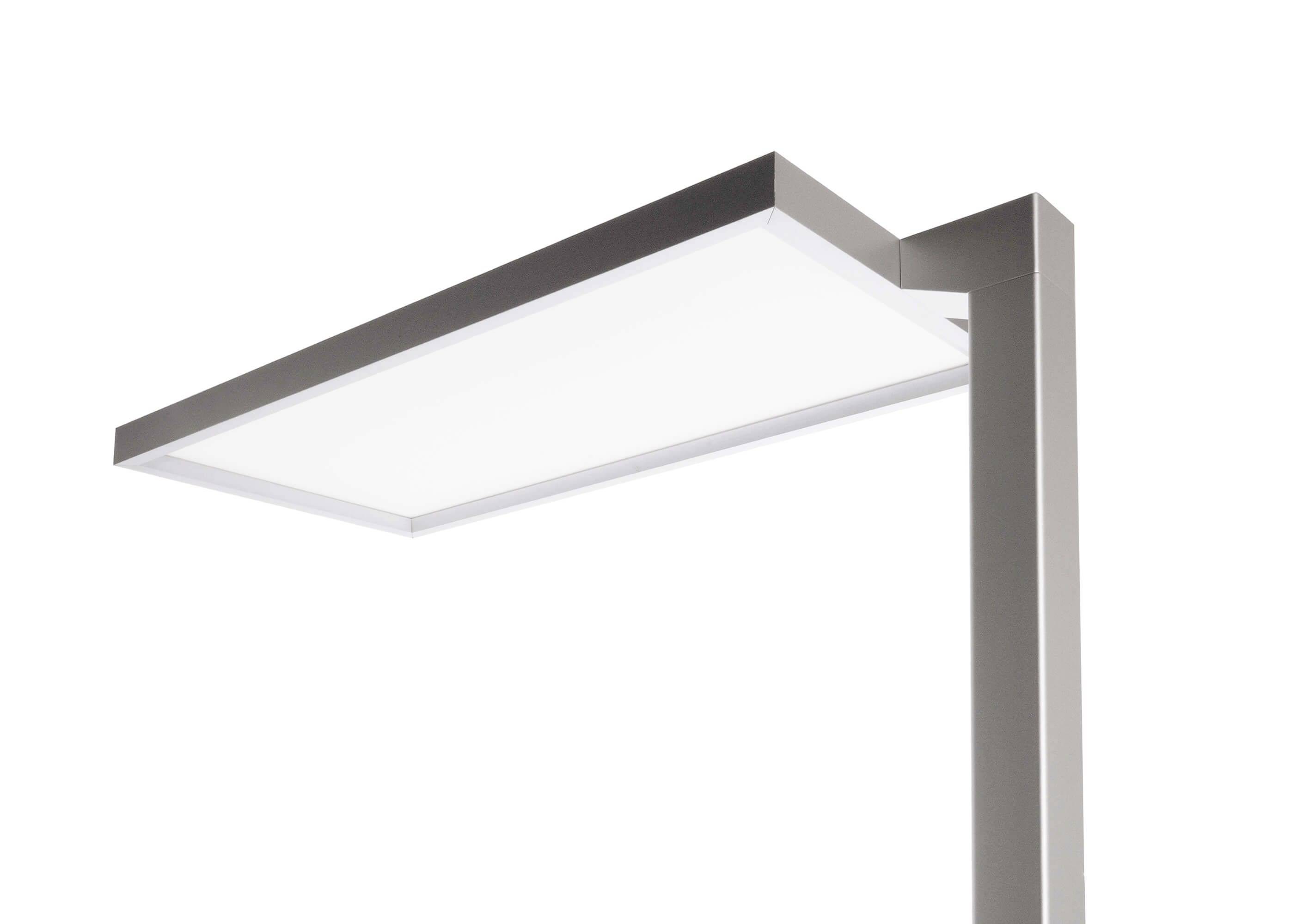 Eine moderne, rechteckige LED-Leuchte mit Metallrahmen, die von einer vertikalen Stange getragen wird.
