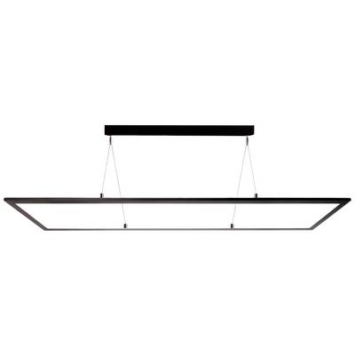 Rechteckige moderne Hängelampe mit minimalistischem Design, hängt von dünnen Drahtseilen an der Decke.