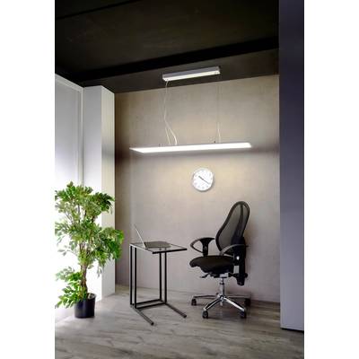 Ein minimalistisches Arbeitszimmer mit modernem Schreibtischstuhl, kleinem Tisch mit Laptop, Wanduhr und einer Pflanze in der Ecke.
