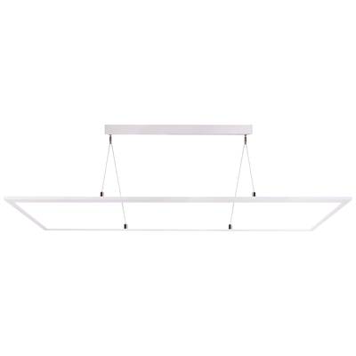 Rechteckige, moderne LED-Hängelampe mit schlankem Design, aufgehängt an dünnen Drähten. Geeignet für minimalistische Inneneinrichtungen.