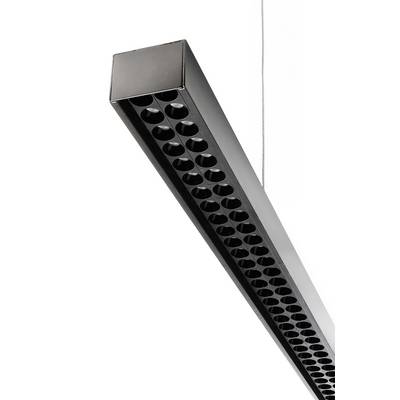 Moderne schwarze Hängeleuchte mit rechteckigem Metallgehäuse und mehreren runden Lichtquellen. Geeignet für Bürobeleuchtung.