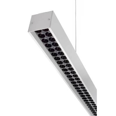 Eine moderne, rechteckige Hängelampe aus Metall mit Wabenmuster auf der Unterseite. Sie ist an einem Kabel befestigt.