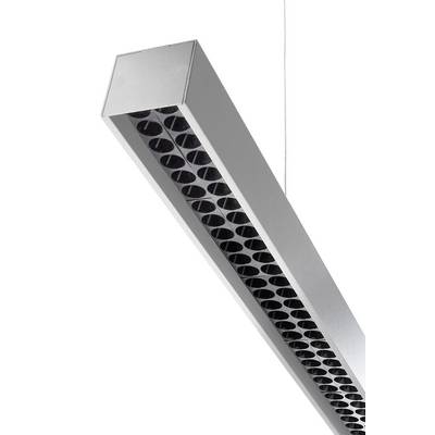 Graue, rechteckige Deckenleuchte mit mehreren runden Linsen. Hängend an einem dünnen Kabel, industrielles Design.