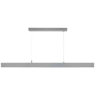 Graue, längliche Hängeleuchte mit rechteckigem Baldachin und zwei dünnen Kabeln. Modernes Design, geeignet für Esszimmer oder Büro.