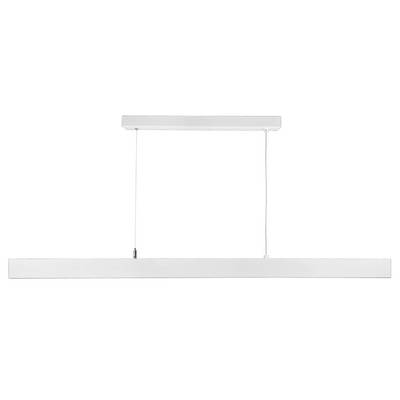 Moderne, weiße Hängelampe mit langem, rechteckigem Design, aufgehängt an zwei dünnen Drähten. Ideal für minimalistische Räume.