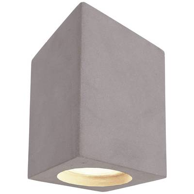 Graue, zementartige Wandleuchte in quadratischer Form mit nach unten gerichteter Öffnung zur Lichtabgabe.