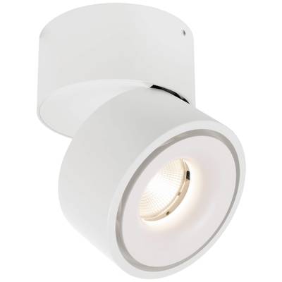 Weiße Deckenleuchte mit rundem, beweglichem Strahler. Die Leuchte hat ein modernes Design und scheint funktional und schlicht.