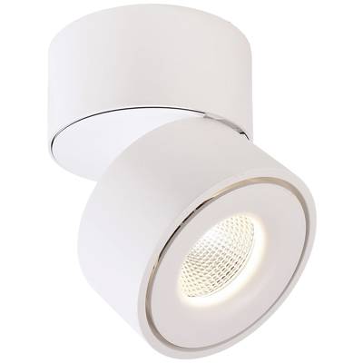 Weiße, moderne Deckenleuchte mit rundem Schirm. Die Leuchte ist verstellbar und spendet gerichtetes Licht, ideal für Akzentbeleuchtung.