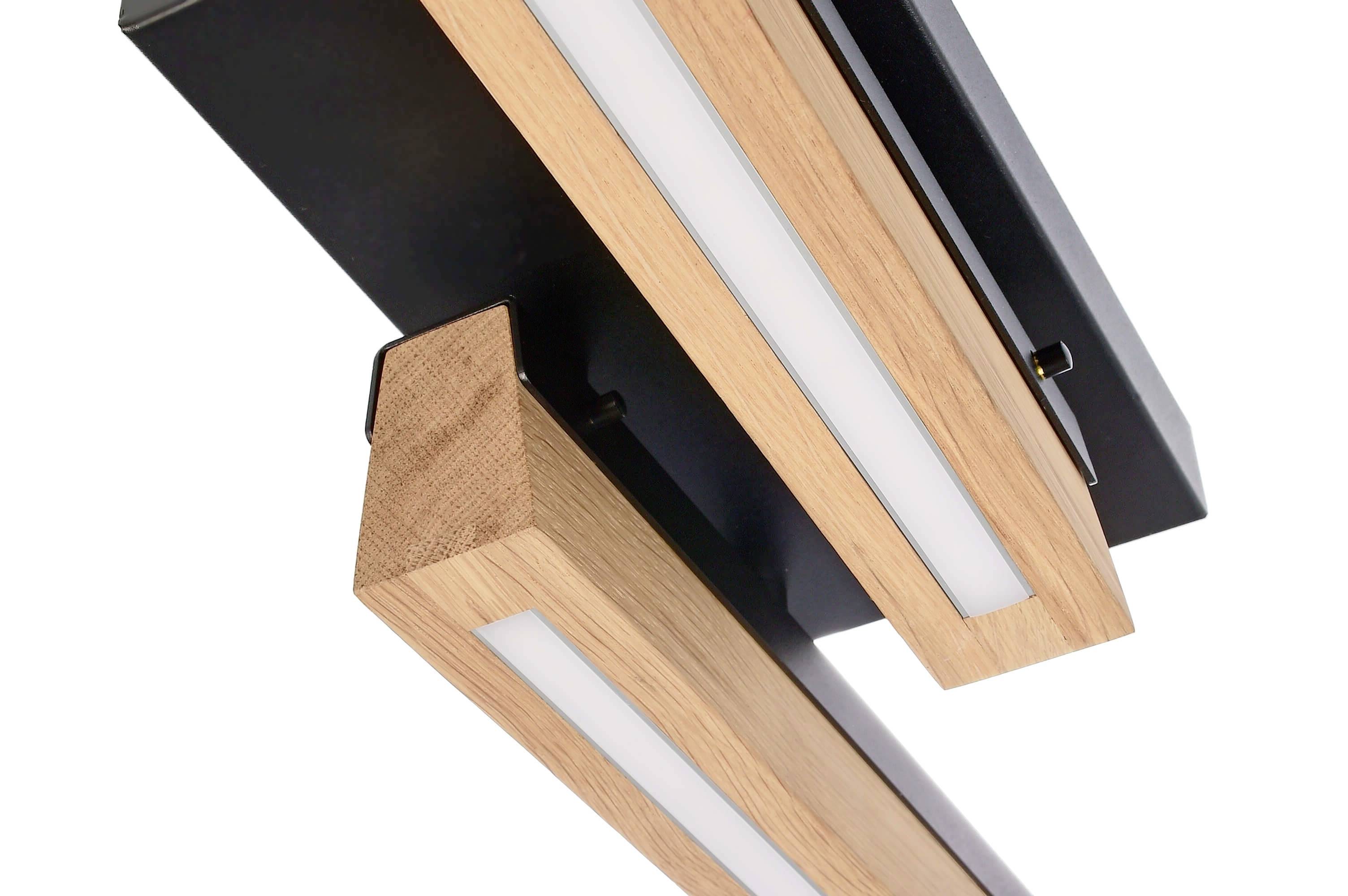 'Modernes Deckenlicht mit rechteckigen Holzdetails und weißen Lichtpaneelen, die elegantes Design und klare Linien präsentieren.'