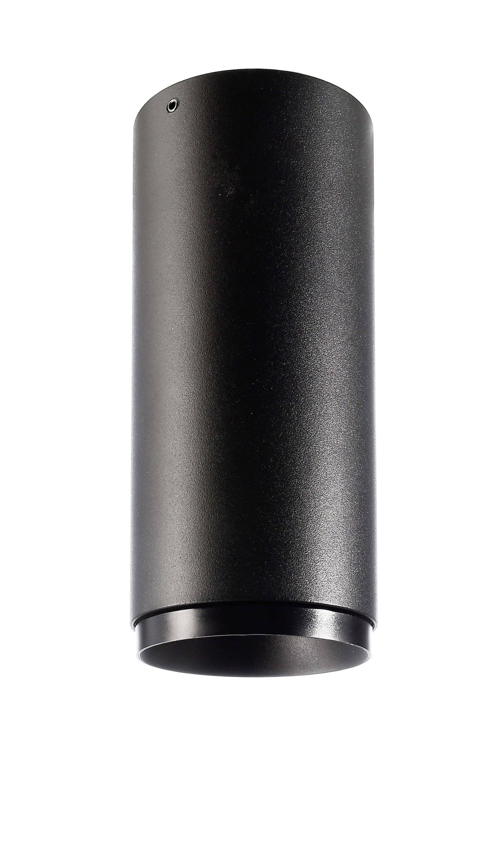 Zylindrische, schwarze Deckenleuchte, schlichtes Design, zur Beleuchtung von Innenräumen.